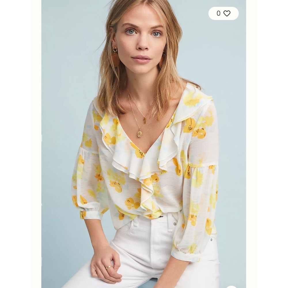 Maeve Anthropologie Daffodil Ruffled V-Neck Puff Sleeve Blouse Size 4 Floral EUC